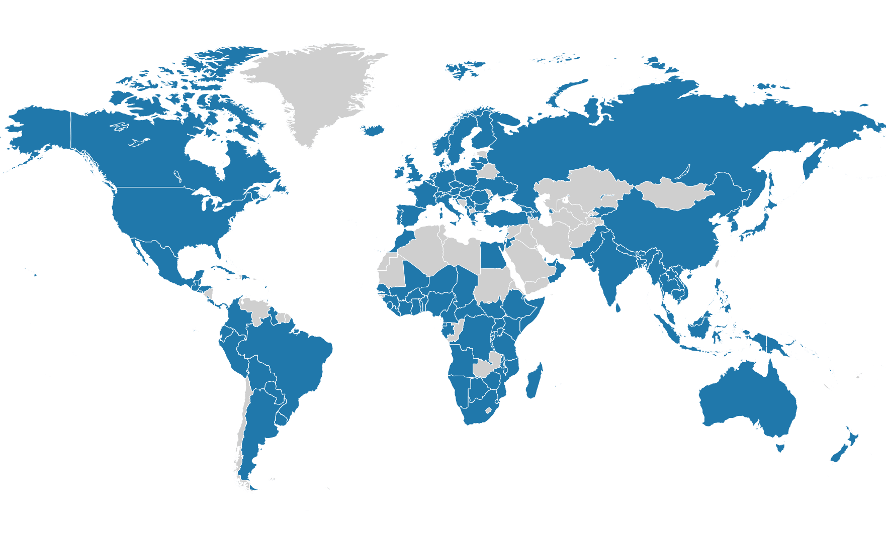 Countries highlighted in blue have policies containing Nature-based Solutions and are detailed in our database.