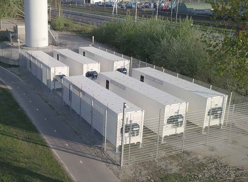 Batteries store excess energy from wind farms in the Netherlands