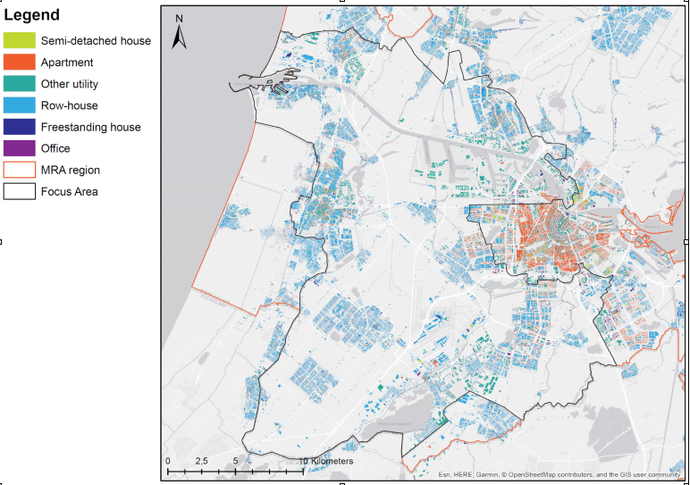 For urban mining processes, we classified six building classes in the Amsterdam region and calculated the occurrence and quantity of approximately 500 building elements.
